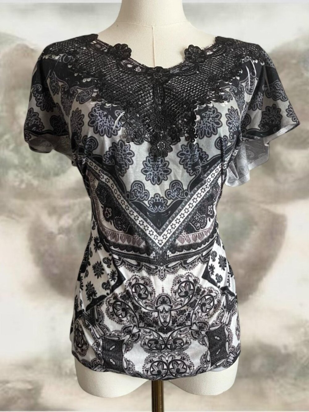 Y2k Black & Gray Lace Boho Paisley Print Top Size XL